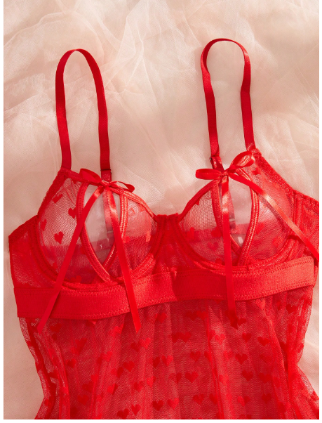 2pcs Heart Pattern Mesh Babydoll Set, Cute Cutout Bow Decor Cami Dress & Thong Panty, Women's Sexy Lingerie & Underwear 2