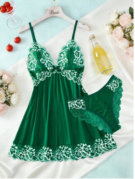 2pcs Contrast Lace Trim Babydoll Set, Elegant V-Neck Cami Dress & Matching Panties, Women's Sexy Sleepwear & Lingerie
