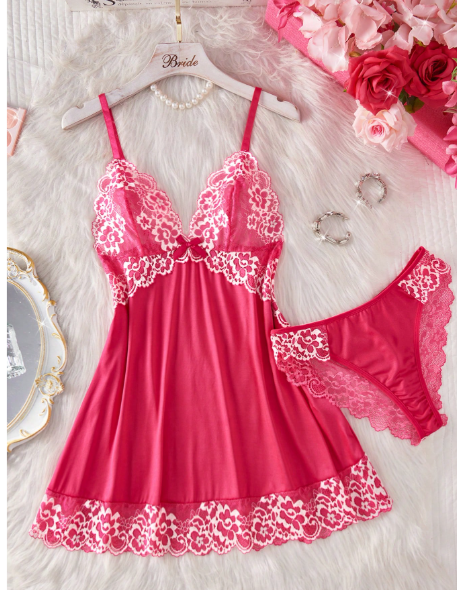 2pcs Contrast Lace Trim Babydoll Set, Elegant V-Neck Cami Dress & Matching Panties, Women's Sexy Sleepwear & Lingerie 2