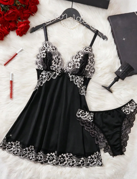 2pcs Contrast Lace Trim Babydoll Set, Elegant V-Neck Cami Dress & Matching Panties, Women's Sexy Sleepwear & Lingerie 3