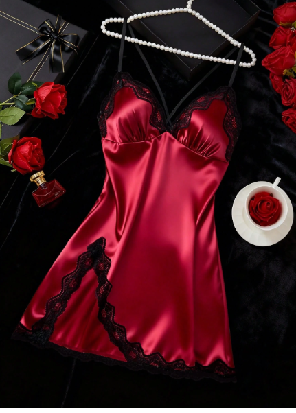 Solid Satin Contrast Lace Slip Dress, Elegant Cross Back Sleepshirt With Side Slit, Women's Sleepwear & Loungewear 2