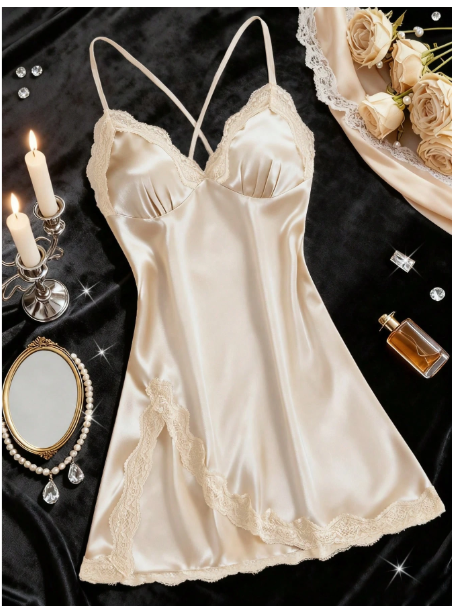 Solid Satin Contrast Lace Slip Dress, Elegant Cross Back Sleepshirt With Side Slit, Women's Sleepwear & Loungewear 3
