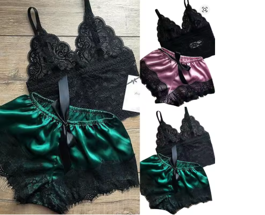 2pcs Full Lace Cami Top & Satin Contrast Lace Shorts Pajama Set, Bow Decor Sleepwear, Women's Intimate Lingerie & Loungewear