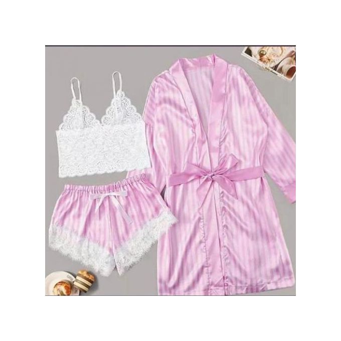 Women's 3-Piece Striped Satin Robe and Lace Sleepwear Set