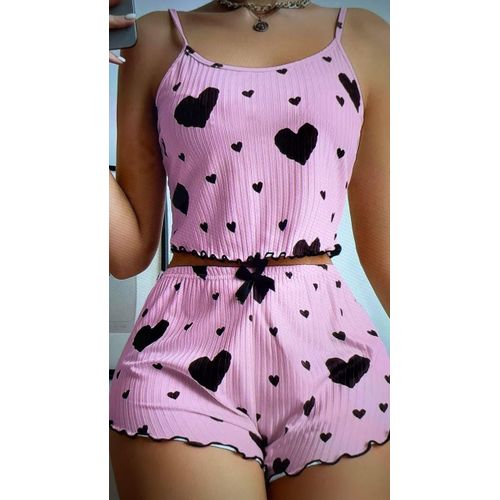 Women's Heart Print Rib-Knit Cami and Shorts Pajama Set