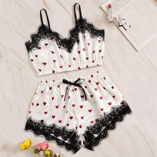 Women's Lace Trim Heart Print Cami and Shorts Pajama Set