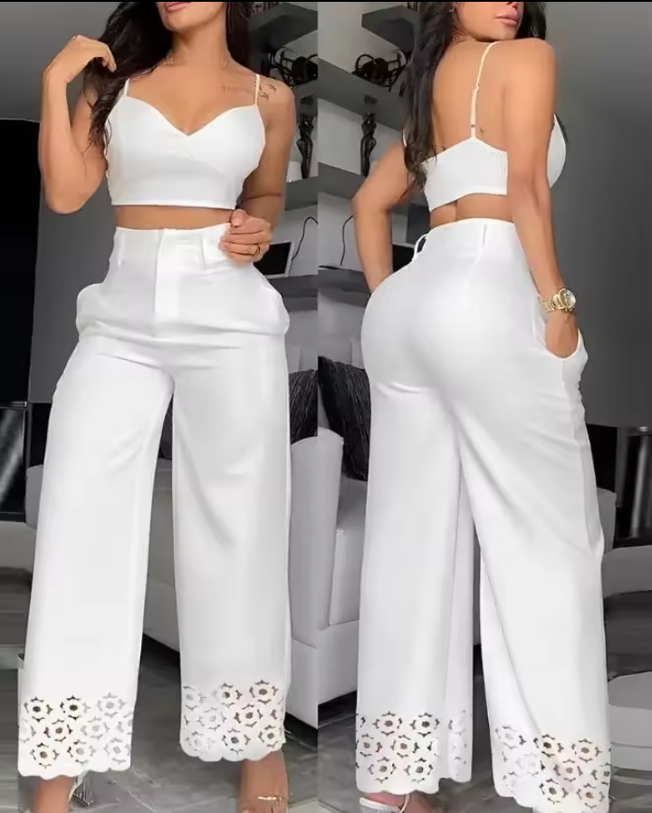 Women's Eyelet Hem Wide-Leg Pants and Crop Top Set