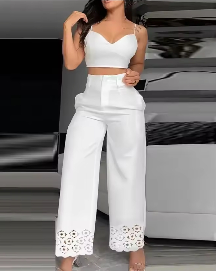 Women's Eyelet Hem Wide-Leg Pants and Crop Top Set 2