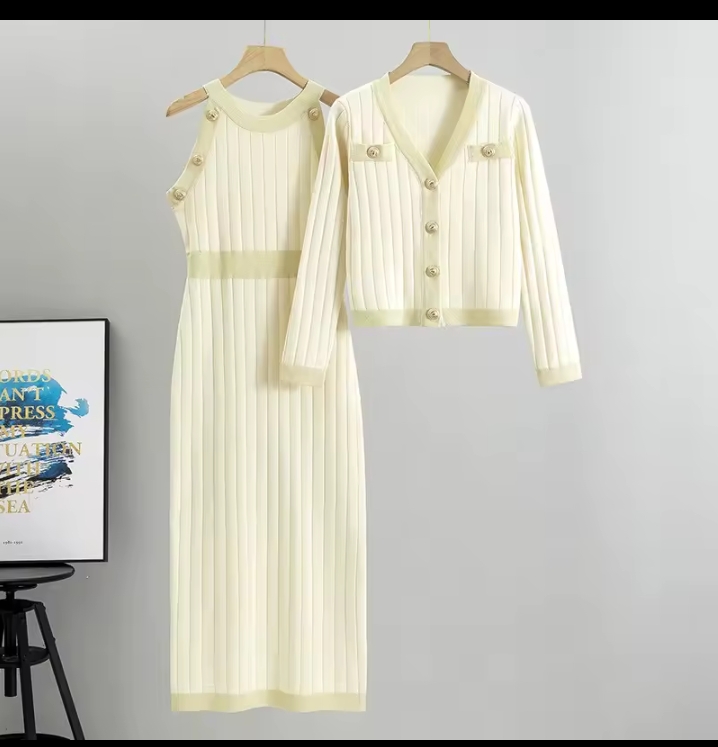 Women's Elegant Knit Two-Piece Set, Ribbed Halter Maxi Dress & V-Neck Long Sleeve Cardigan Set, Chic Button Detail Co-ord Dress Suit