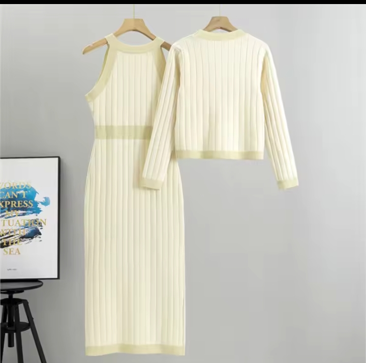 Women's Elegant Knit Two-Piece Set, Ribbed Halter Maxi Dress & V-Neck Long Sleeve Cardigan Set, Chic Button Detail Co-ord Dress Suit 2