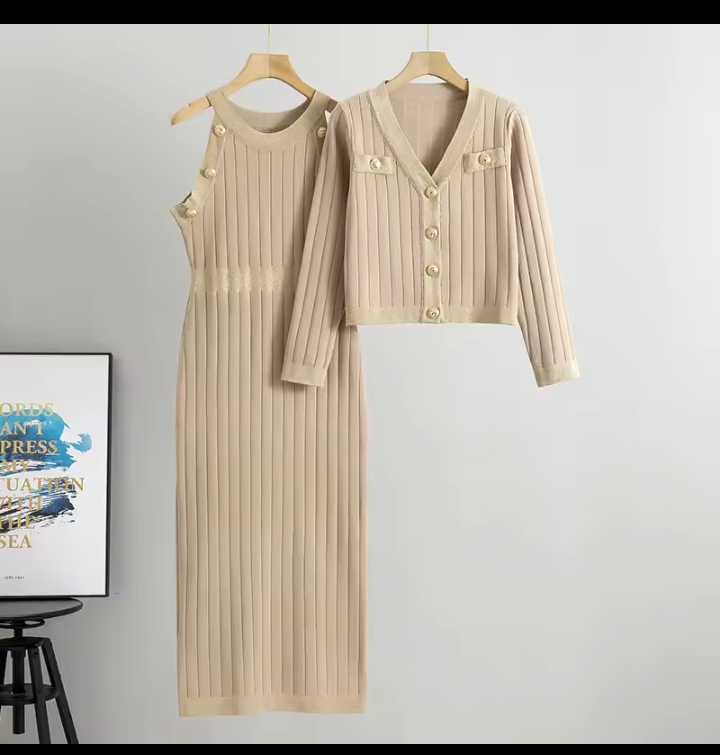 Women's Elegant Knit Two-Piece Set, Ribbed Halter Maxi Dress & V-Neck Long Sleeve Cardigan Set, Chic Button Detail Co-ord Dress Suit