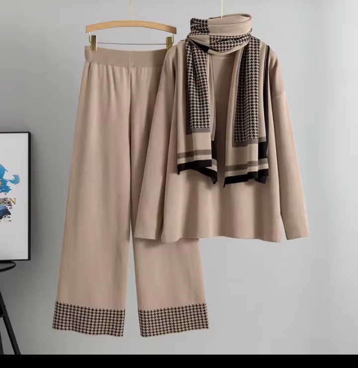 Women's Elegant Three-Piece Knit Set, Loose Long Sleeve Pullover Sweater & High Waisted Wide Leg Pants with Matching Houndstooth Scarf Co-ord Set