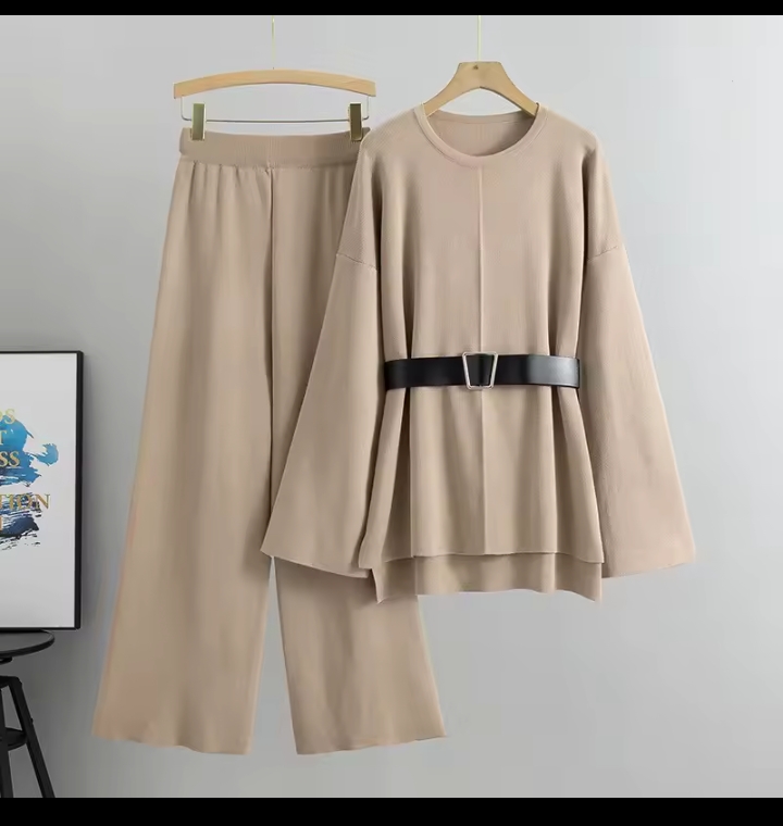 Women's Casual Knit Two-Piece Set, Loose Long Sleeve Pullover Tunic Top & High Waisted Wide Leg Pants Co-ord Set with Belt