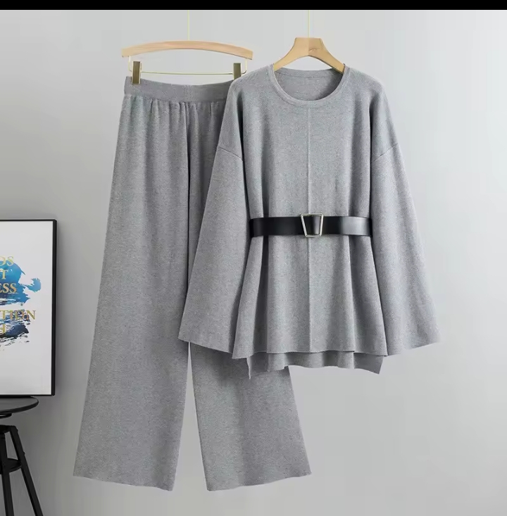 Women's Casual Knit Two-Piece Set, Loose Long Sleeve Pullover Tunic Top & High Waisted Wide Leg Pants Co-ord Set with Belt 2