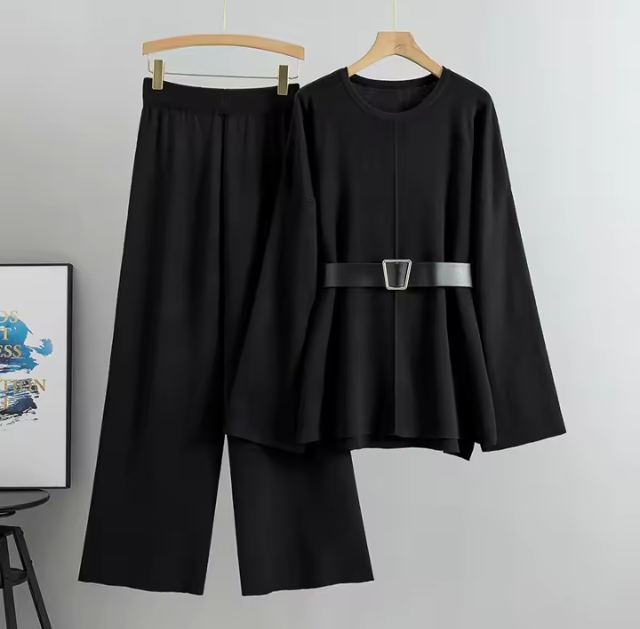 Women's Casual Knit Two-Piece Set, Loose Long Sleeve Pullover Tunic Top & High Waisted Wide Leg Pants Co-ord Set with Belt