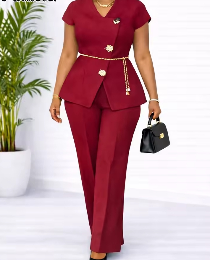 Women's Elegant Floral Embroidered Knit Set, Casual Crewneck Long Sleeve Pullover Sweater & High Waisted Wide Leg Pants Two-Piece Lounge Suit 2
