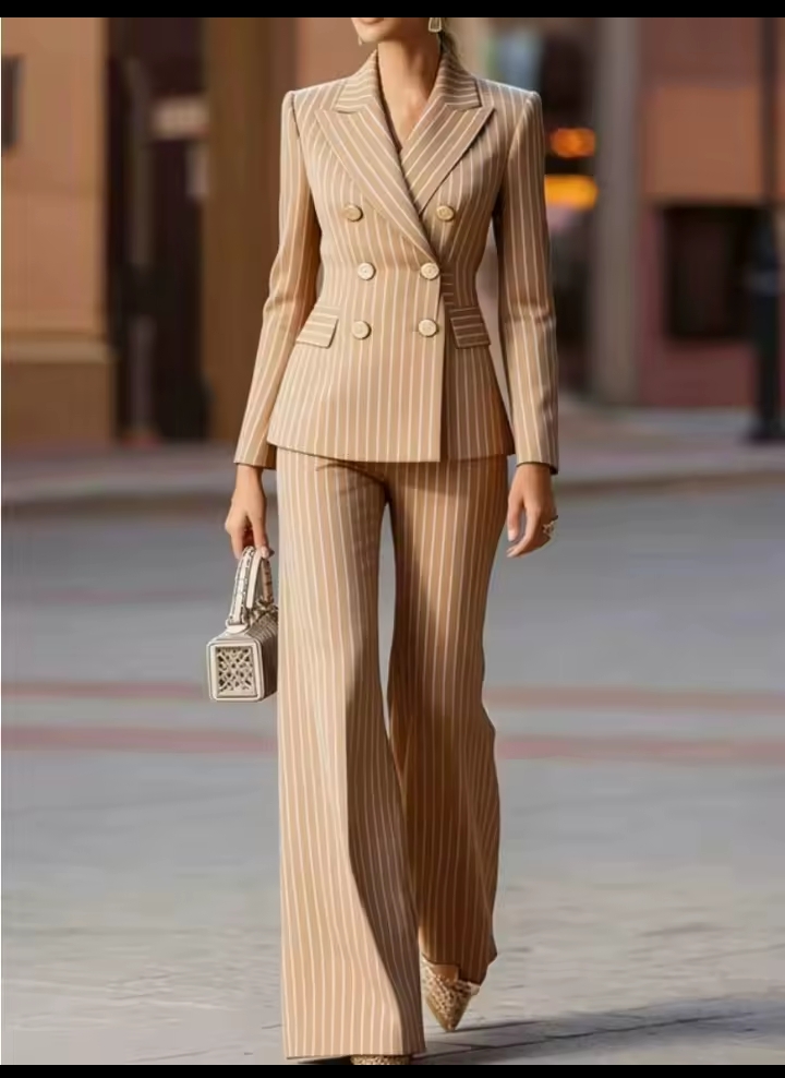 Women's Elegant Vertical Striped Pant Suit, Double Breasted Long Sleeve Blazer & High Waisted Wide Leg Trousers Two-Piece Business Office Set