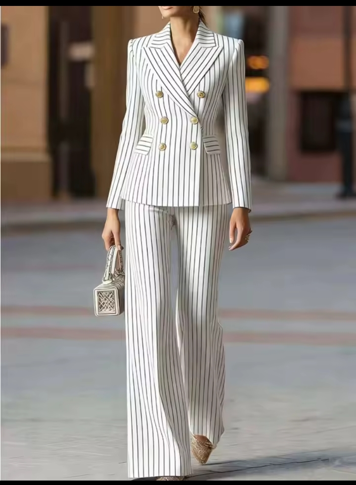 Women's Elegant Vertical Striped Pant Suit, Double Breasted Long Sleeve Blazer & High Waisted Wide Leg Trousers Two-Piece Business Office Set 2