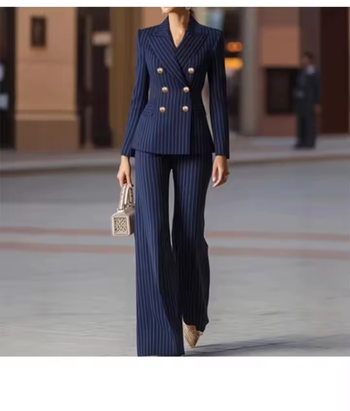 Women's Elegant Vertical Striped Pant Suit, Double Breasted Long Sleeve Blazer & High Waisted Wide Leg Trousers Two-Piece Business Office Set
