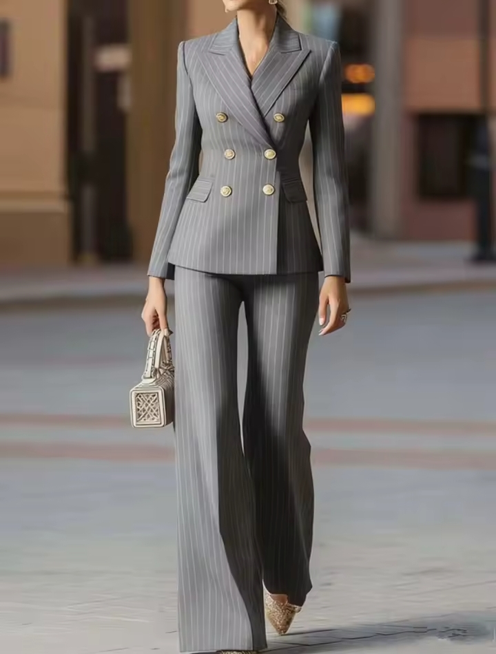 Women's Elegant Vertical Striped Pant Suit, Double Breasted Long Sleeve Blazer & High Waisted Wide Leg Trousers Two-Piece Business Office Set