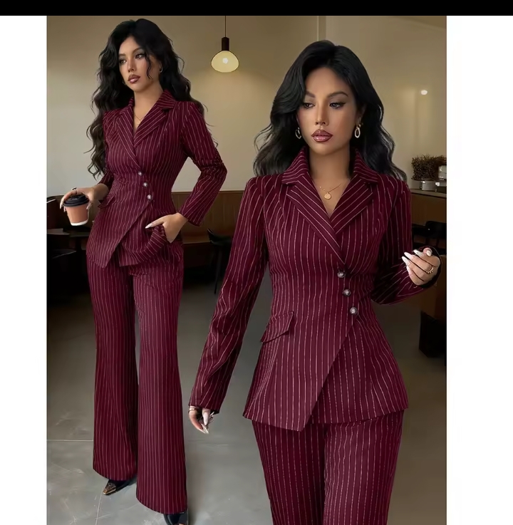 Women's Elegant Burgundy Pinstripe Pant Suit, Asymmetric Button Blazer & High Waisted Wide Leg Trousers Two-Piece Professional Office Set