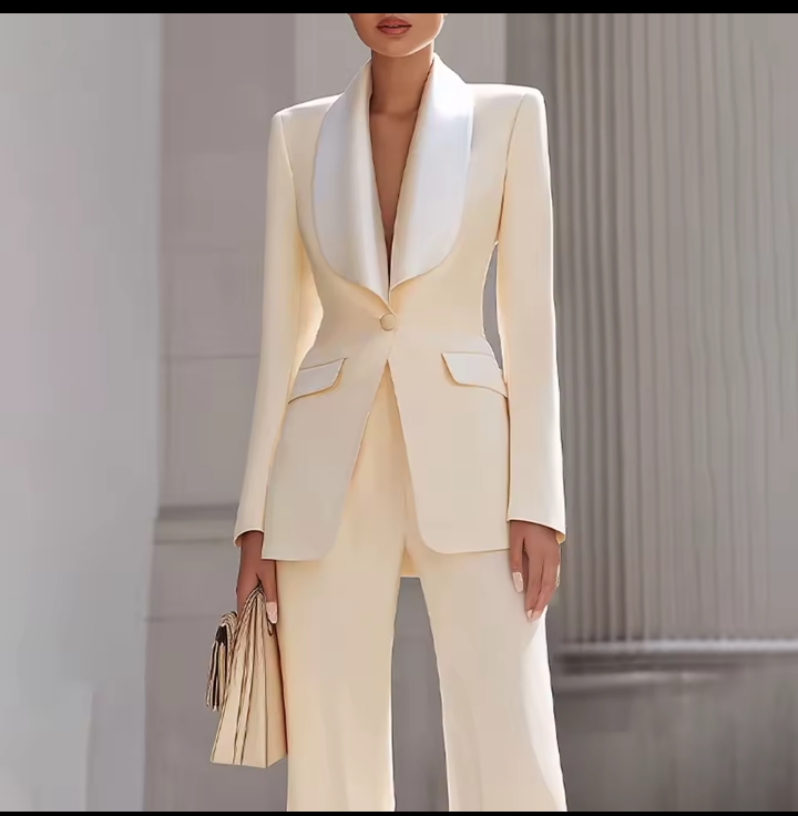 Women's Elegant Satin Shawl Lapel Pant Suit, Slim Fit Single Button Blazer & High Waisted Tailored Trousers Two-Piece Formal Evening Set 3