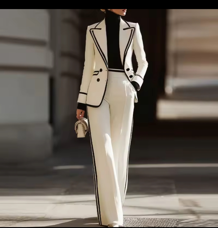 Women's Elegant Hot Pink Trouser Suit, Round Neck Long Sleeve Asymmetric Button Blazer & High Waisted Wide Leg Pants Two-Piece Suit