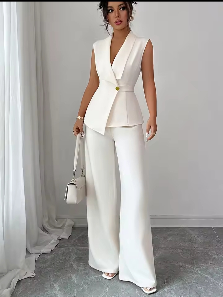 Women's Elegant Sleeveless Blazer Vest Suit, Single Button Asymmetric Peplum Top & High Waisted Wide Leg Trousers Two-Piece Formal Set