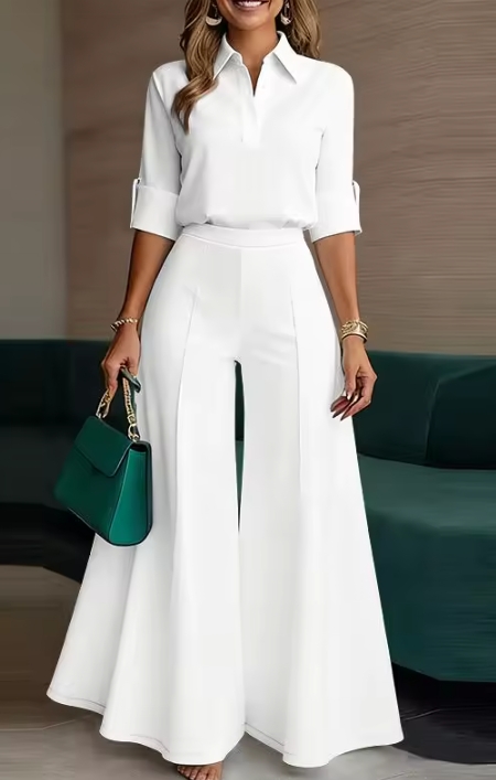 Women's Elegant Solid Two-Piece Set, V-Neck Cuffed Sleeve Button-Down Shirt & High Waisted Wide Leg Palazzo Pants Casual Suit