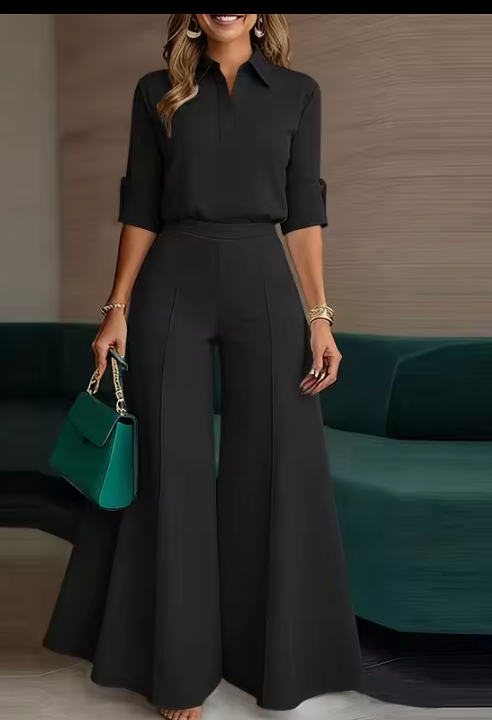 Women's Elegant Solid Two-Piece Set, V-Neck Cuffed Sleeve Button-Down Shirt & High Waisted Wide Leg Palazzo Pants Casual Suit 2