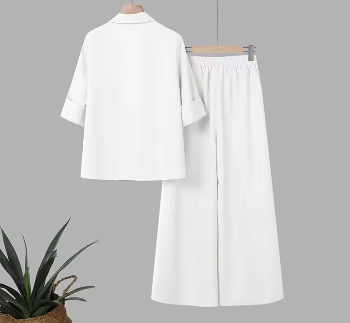 Women's Elegant Solid Two-Piece Set, V-Neck Cuffed Sleeve Button-Down Shirt & High Waisted Wide Leg Palazzo Pants Casual Suit