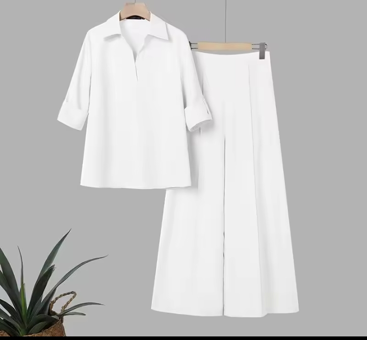 Women's Elegant Solid Two-Piece Set, V-Neck Cuffed Sleeve Button-Down Shirt & High Waisted Wide Leg Palazzo Pants Casual Suit 2