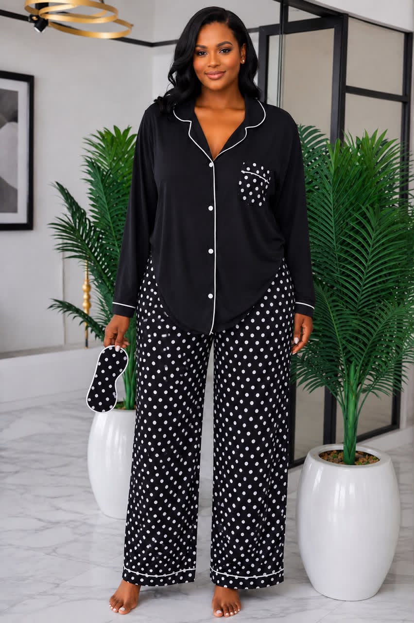 Women's Plus Size Polka Dot Printed Long Sleeve Pajama Set with Long Pants