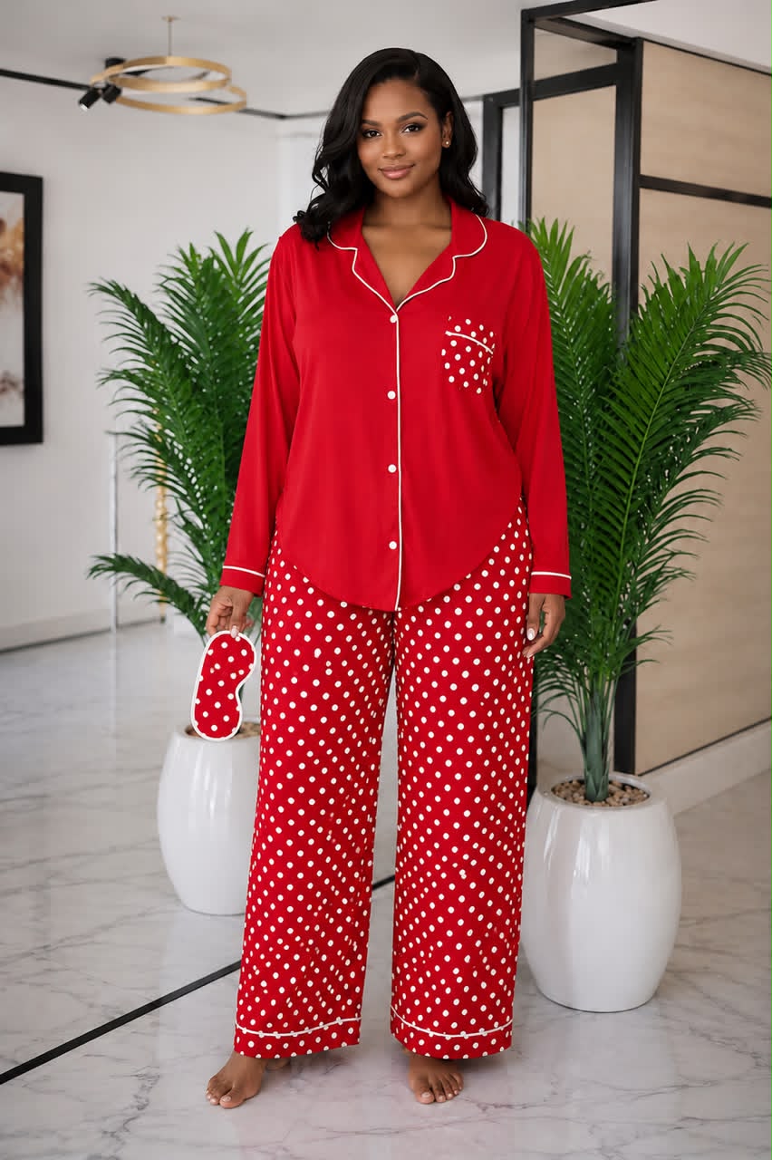 Women's Plus Size Polka Dot Printed Long Sleeve Pajama Set with Long Pants 2
