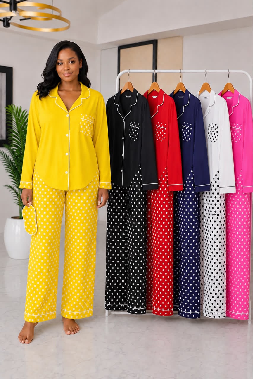 Women's Plus Size Polka Dot Printed Long Sleeve Pajama Set with Long Pants 3