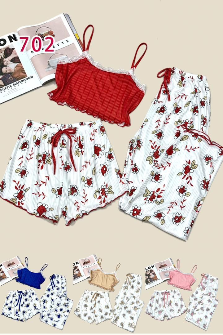 Women's 3-Piece Ribbed Floral Print Pajama Set, Lettuce Trim Camisole Crop Top with Drawstring Shorts & Pants Loungewear