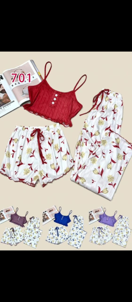 Women's 3-Piece Ribbed Floral Print Pajama Set, Lettuce Trim Camisole Crop Top with Drawstring Shorts & Pants Loungewear 2