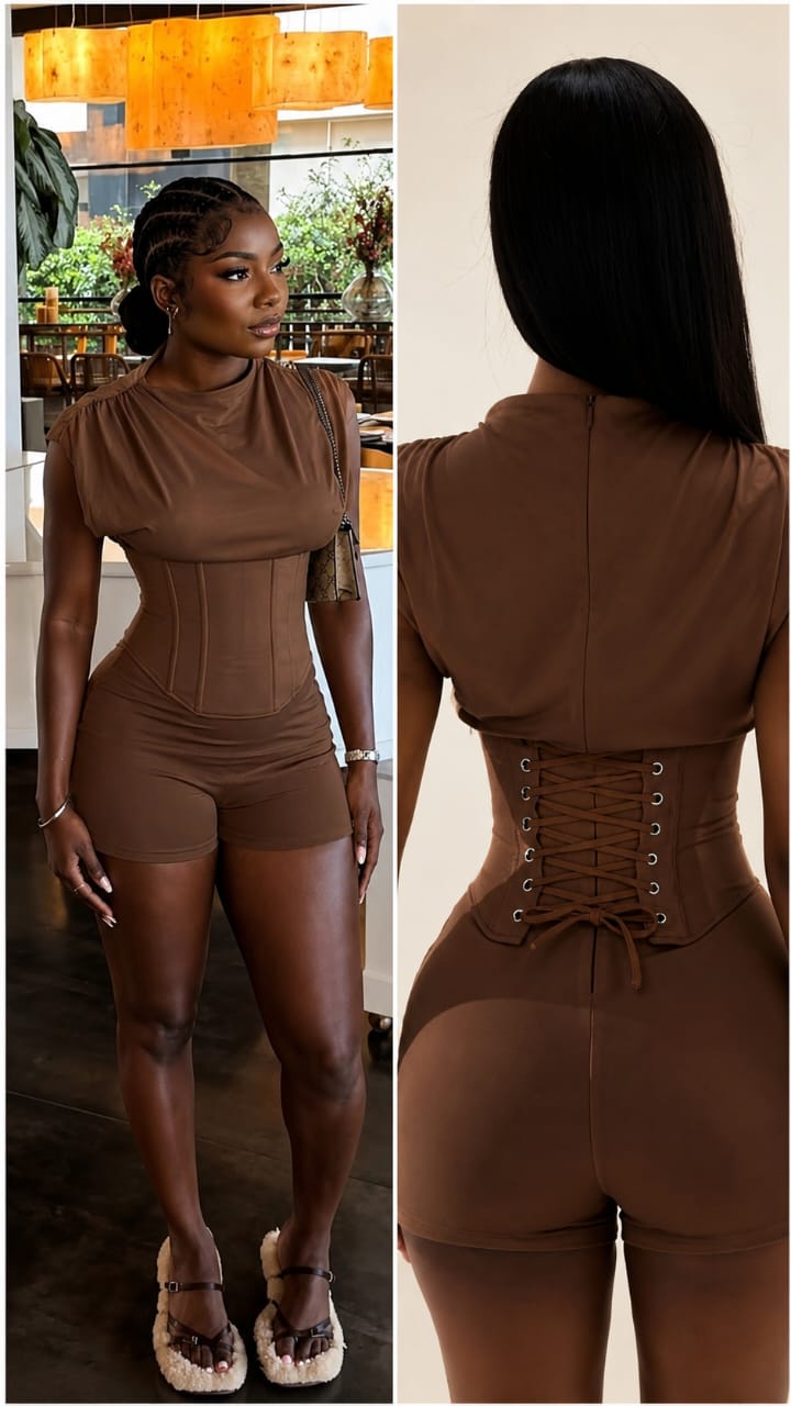 Women's 2-Piece Solid Color Corset Romper Set, Sleeveless Mock Neck Top with Lace-Up Corset Belt & Slim Fit Shorts Outfits 2