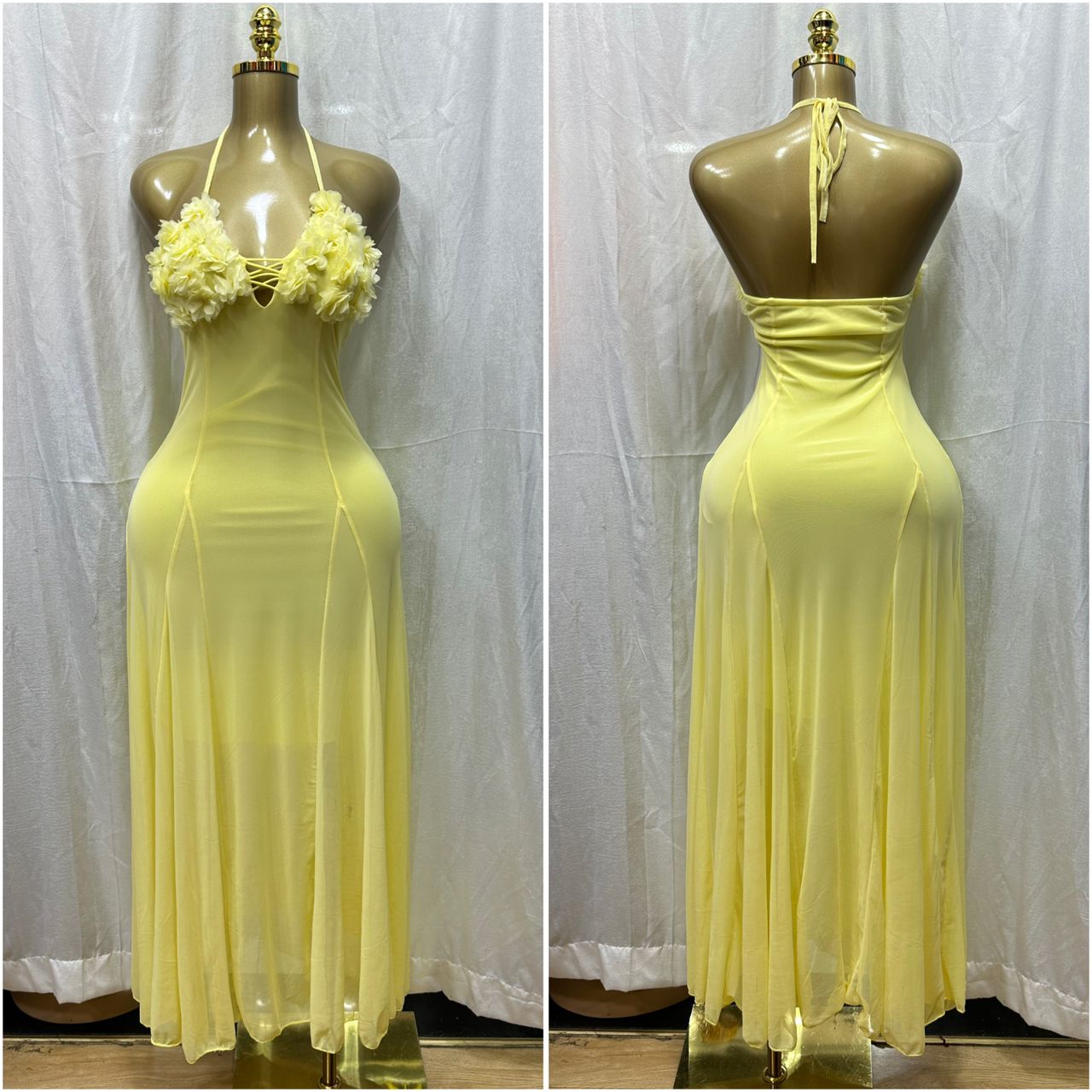 Women's Halter Neck 3D Flower Applique Mesh Maxi Dress, Backless Lace-Up Ruched Sheer Slip Long Dress