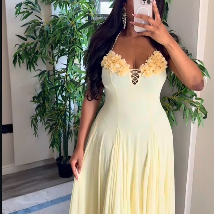 Women's Halter Neck 3D Flower Applique Mesh Maxi Dress, Backless Lace-Up Ruched Sheer Slip Long Dress