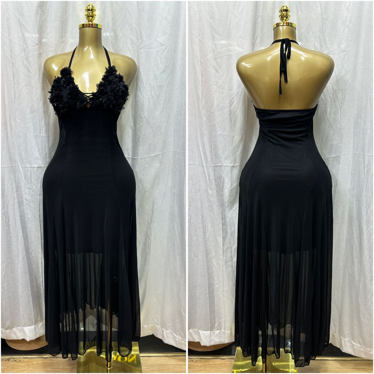 Women's Halter Neck 3D Flower Applique Mesh Maxi Dress, Backless Lace-Up Ruched Sheer Slip Long Dress 3