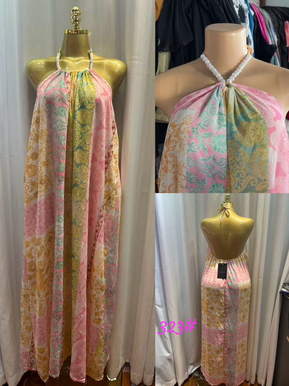 Women's Halter Neck Beaded Strap Maxi Dress, Baroque Floral Print Backless Loose Vacation Beach Long Dress