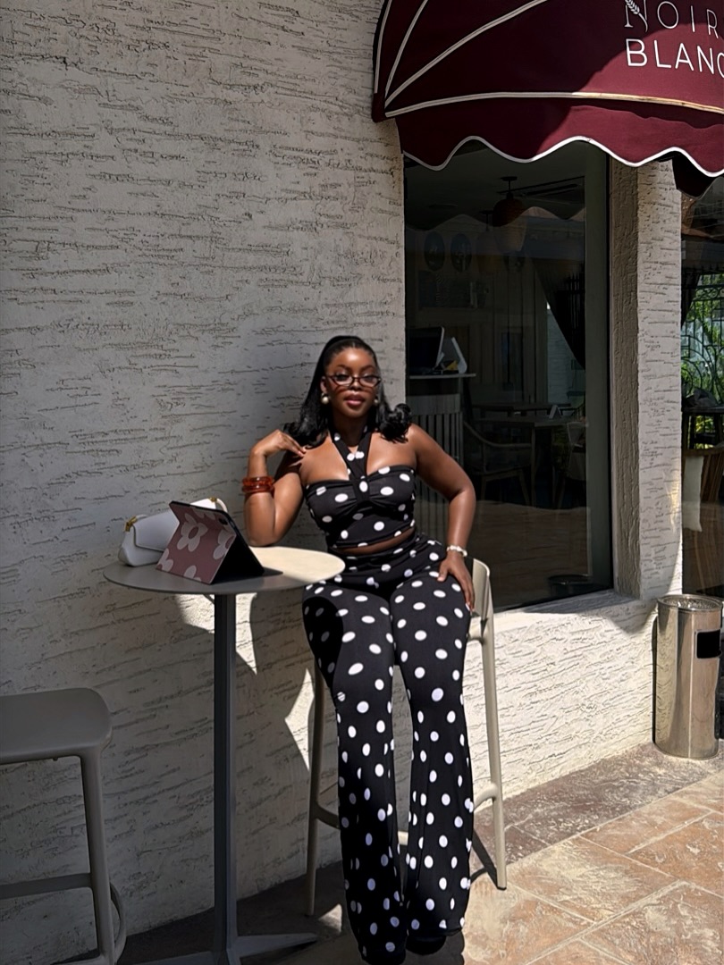 Women's 2-Piece Polka Dot Print Set, Halter Neck Crop Top & High Waisted Wide Leg Pants Loungewear Outfit