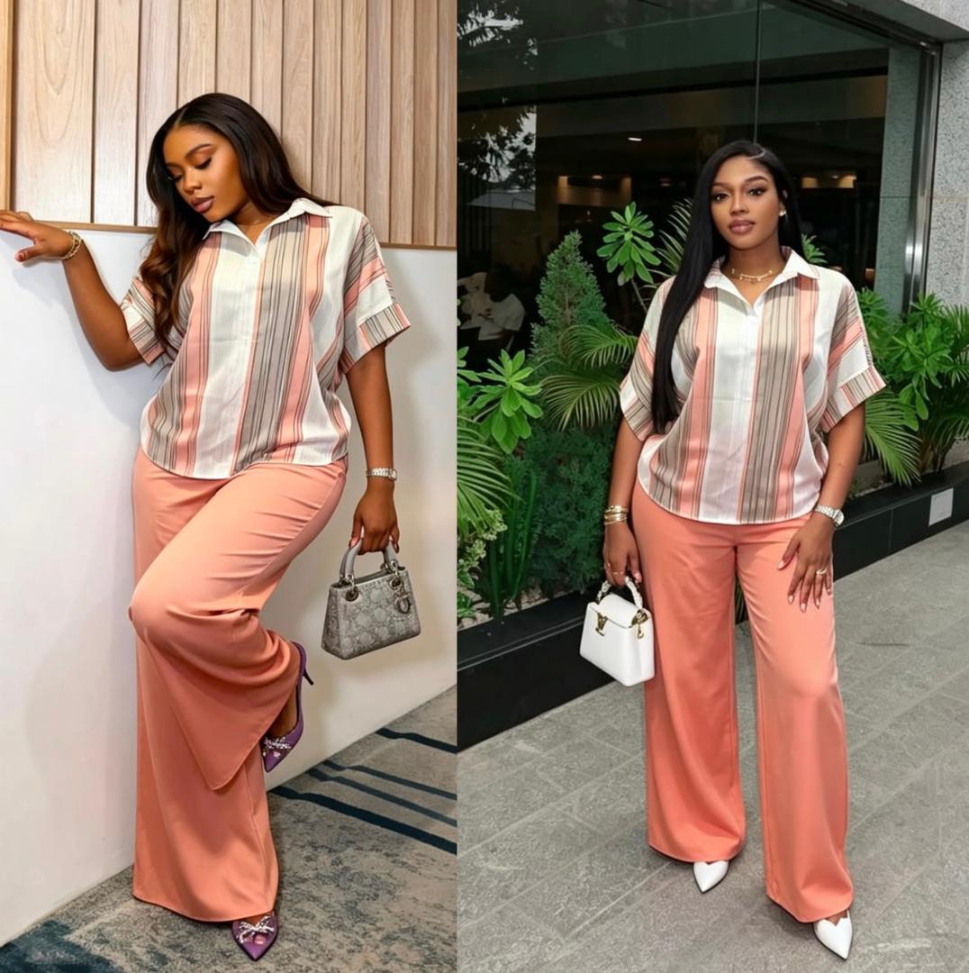Women's 2-Piece Vertical Stripe Casual Set, Short Sleeve Polo Neck Blouse & Solid Color High Waisted Wide Leg Pants Outfit