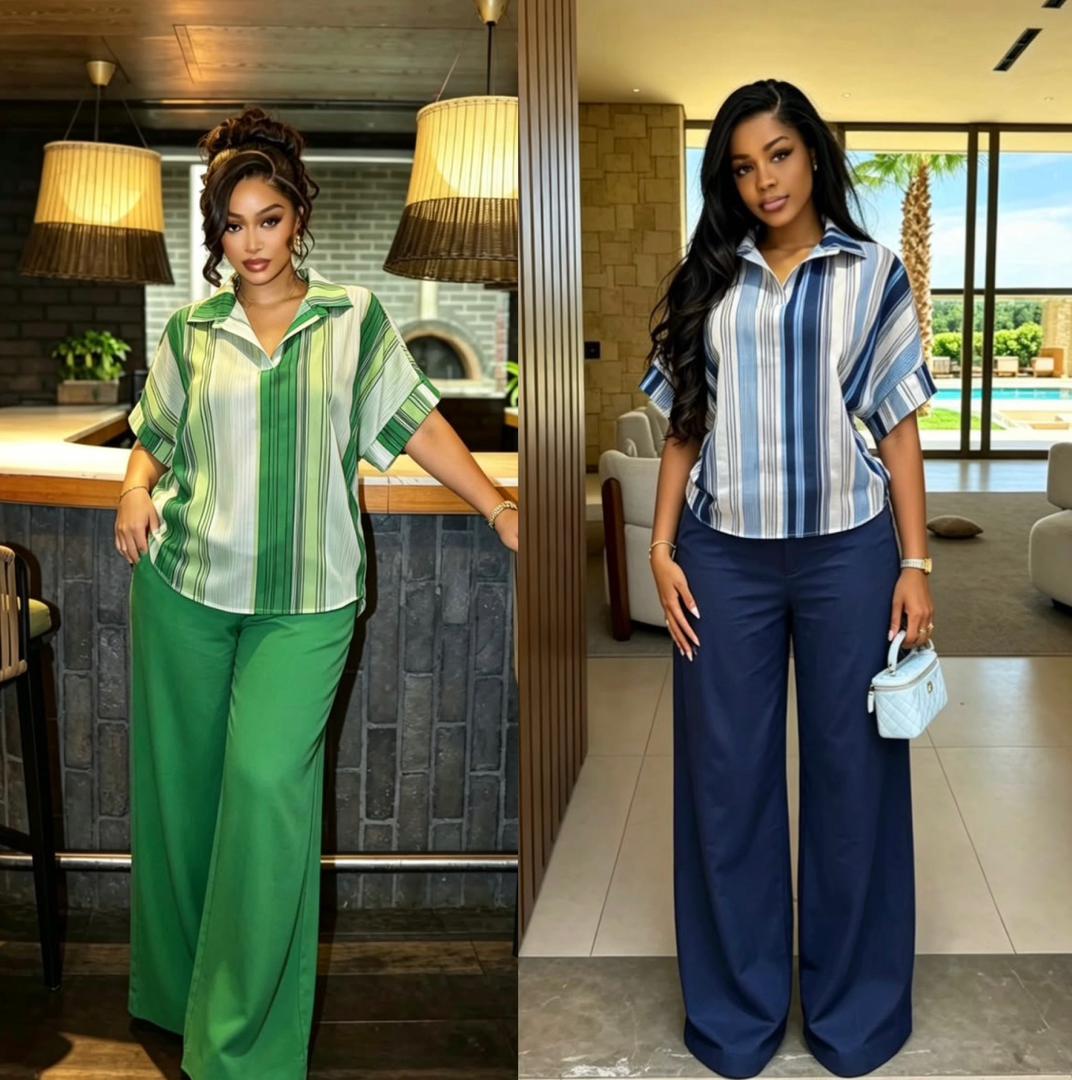 Women's 2-Piece Vertical Stripe Casual Set, Short Sleeve Polo Neck Blouse & Solid Color High Waisted Wide Leg Pants Outfit