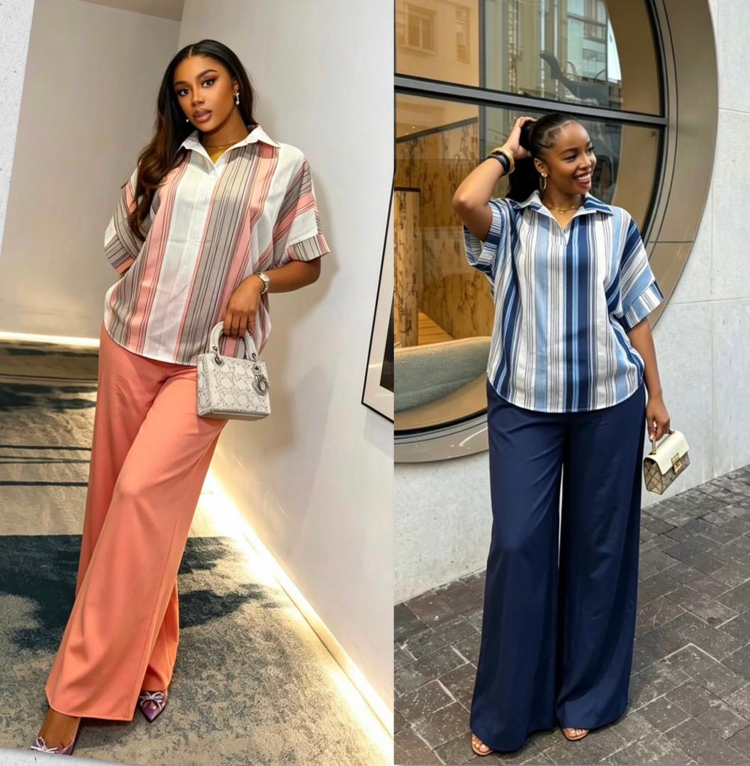 Women's 2-Piece Vertical Stripe Casual Set, Short Sleeve Polo Neck Blouse & Solid Color High Waisted Wide Leg Pants Outfit 2