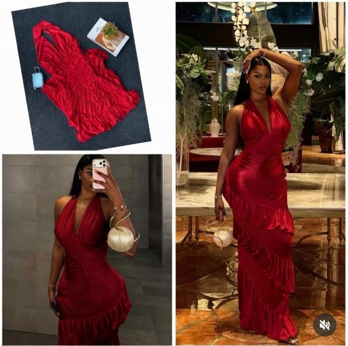 Women's Halter Neck Ruched Ruffle Maxi Dress, Backless V-Neck Solid Color Slim Fit Evening Party Long Dress