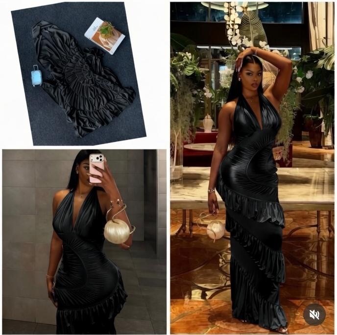 Women's Halter Neck Ruched Ruffle Maxi Dress, Backless V-Neck Solid Color Slim Fit Evening Party Long Dress 2