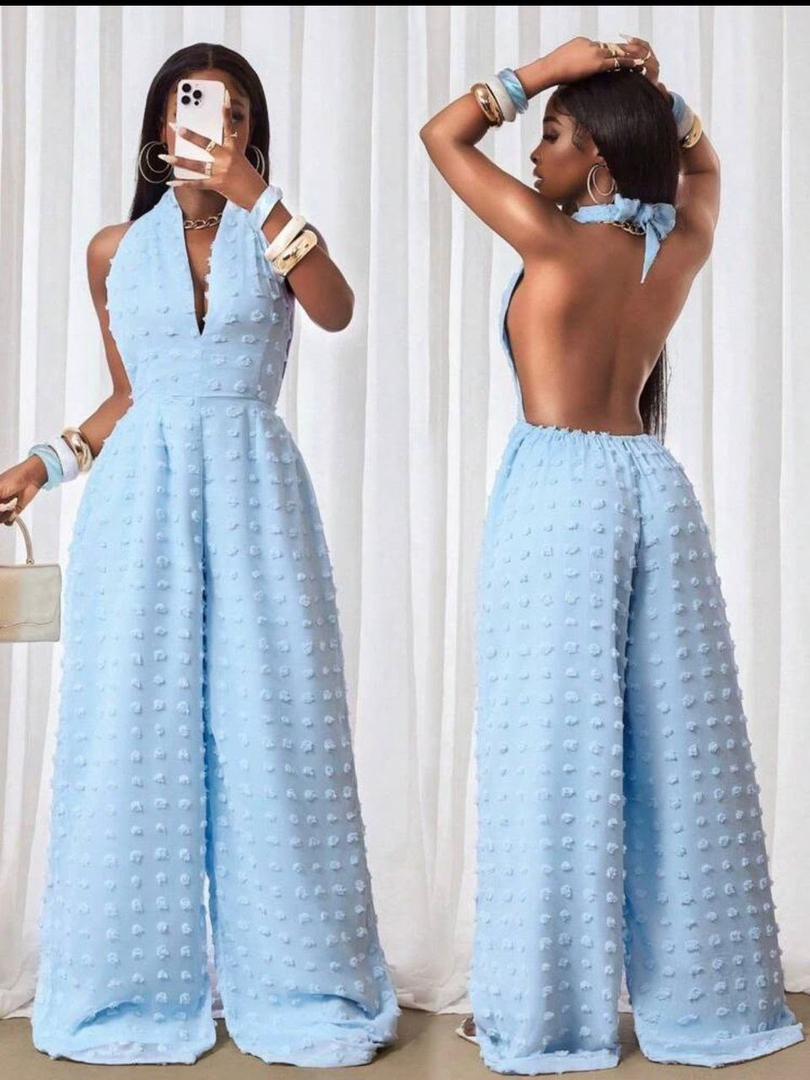 Women's Halter Neck Swiss Dot Jumpsuit, Backless V-Neck High Waist Wide Leg Romper Loungewear Overalls