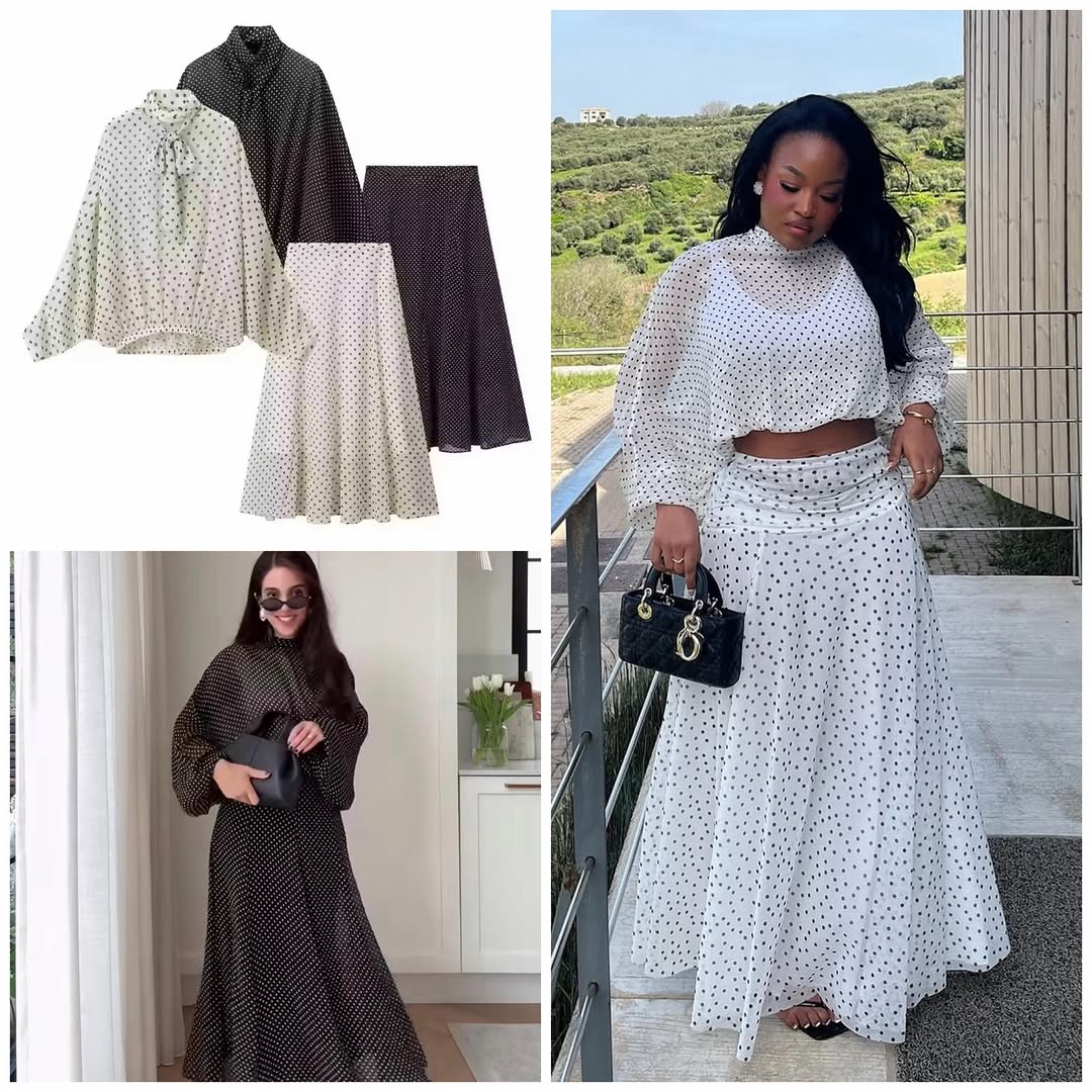 Women's 2-Piece Polka Dot Skirt Set, High Neck Long Sleeve Crop Blouse & High Waisted Flowy Maxi Skirt Outfit